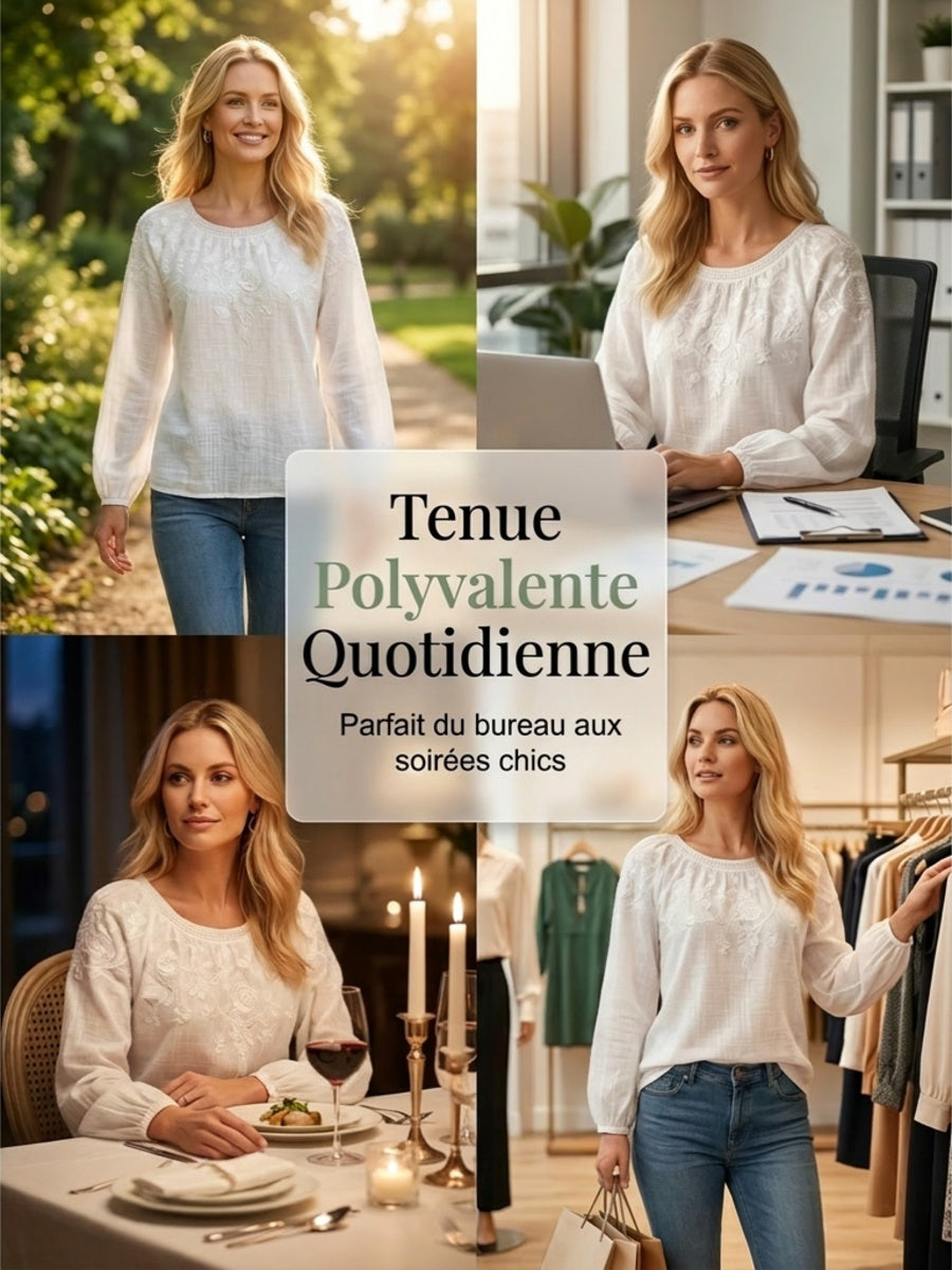 Haut décontracté pour femme, style vintage, en coton et lin, avec broderie florale et patchwork imprimé