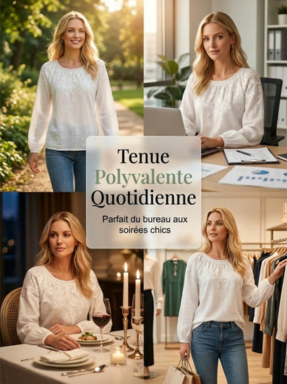 Haut décontracté pour femme, style vintage, en coton et lin, avec broderie florale et patchwork imprimé