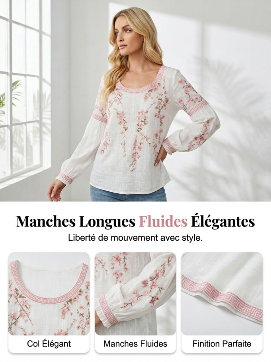 Haut décontracté pour femme, style vintage, en coton et lin, avec broderie florale et patchwork imprimé