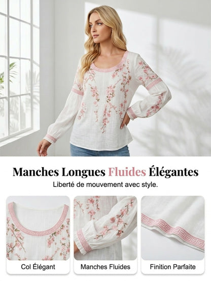 Haut décontracté pour femme, style vintage, en coton et lin, avec broderie florale et patchwork imprimé