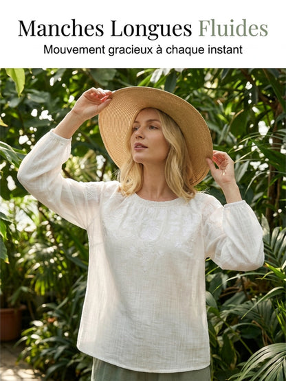 Haut décontracté pour femme, style vintage, en coton et lin, avec broderie florale et patchwork imprimé