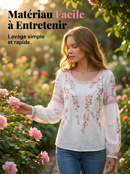 Haut décontracté pour femme, style vintage, en coton et lin, avec broderie florale et patchwork imprimé