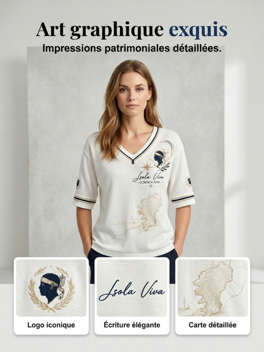 T-shirt femme à manches mi-longues et col en V, imprimé du drapeau de la Corse
