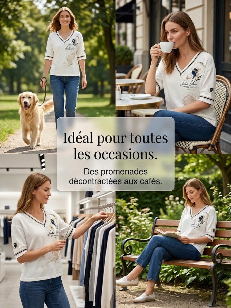 T-shirt femme à manches mi-longues et col en V, imprimé du drapeau de la Corse