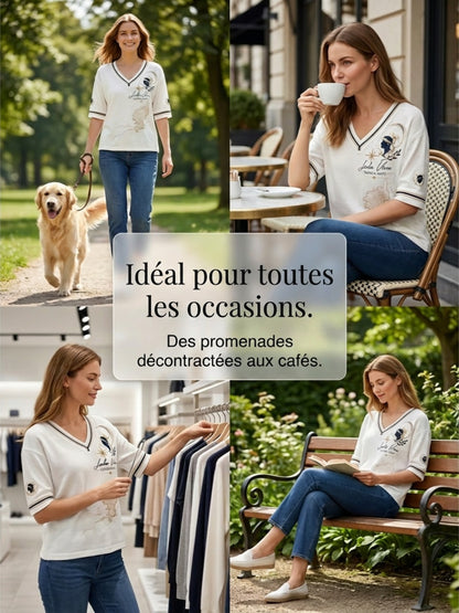 T-shirt femme à manches mi-longues et col en V, imprimé du drapeau de la Corse