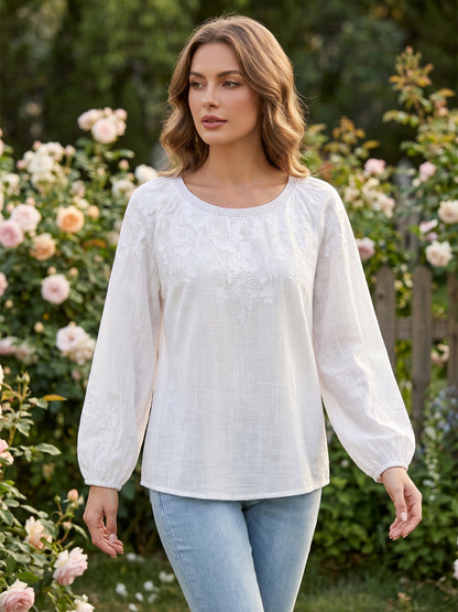 Haut décontracté pour femme, style vintage, en coton et lin, avec broderie florale et patchwork imprimé