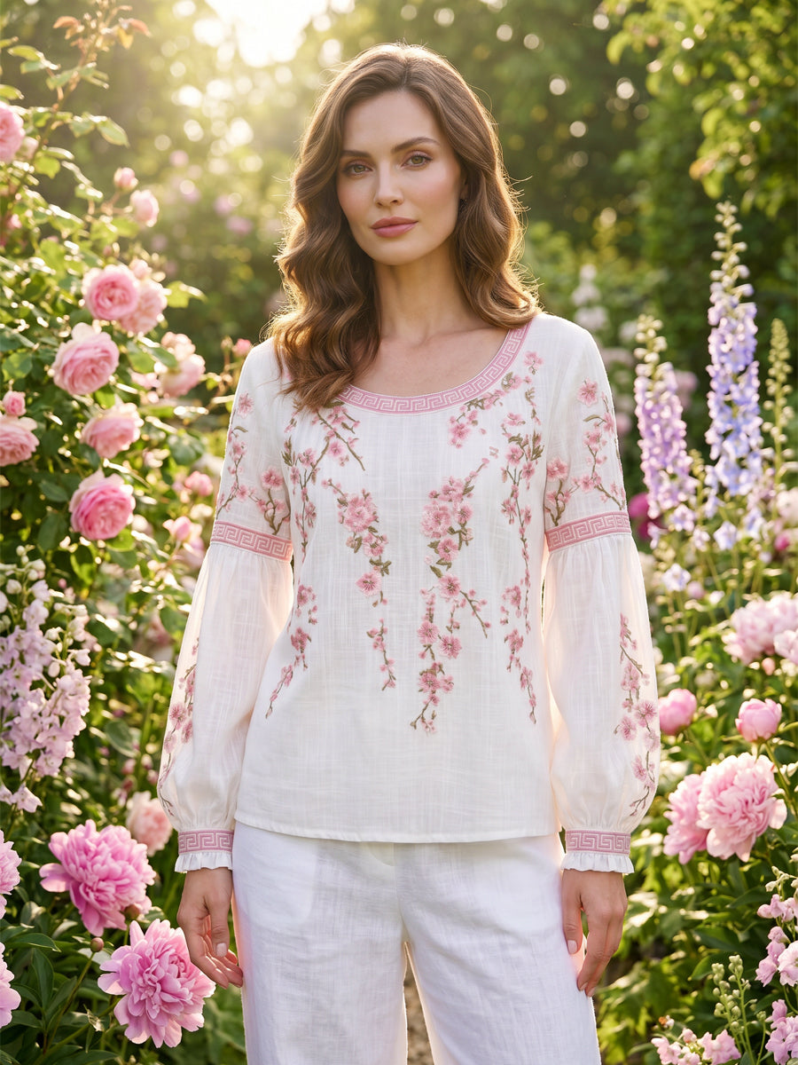 Haut décontracté pour femme, style vintage, en coton et lin, avec broderie florale et patchwork imprimé