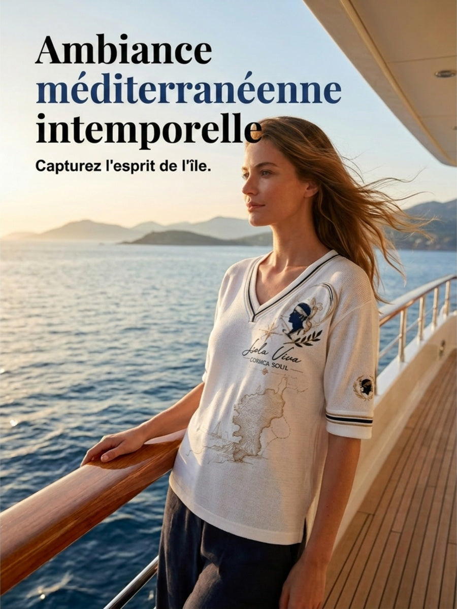 T-shirt femme à manches mi-longues et col en V, imprimé du drapeau de la Corse