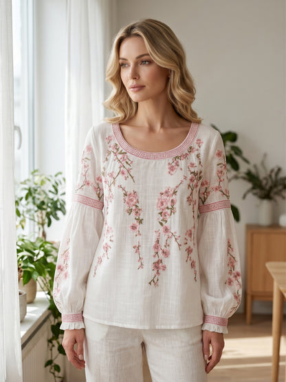 Haut décontracté pour femme, style vintage, en coton et lin, avec broderie florale et patchwork imprimé