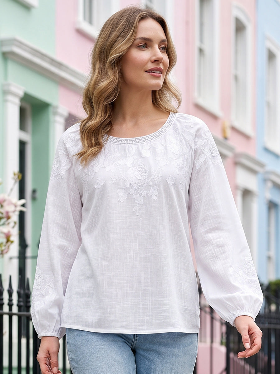 Haut décontracté pour femme, style vintage, en coton et lin, avec broderie florale et patchwork imprimé
