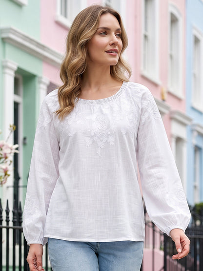 Haut décontracté pour femme, style vintage, en coton et lin, avec broderie florale et patchwork imprimé