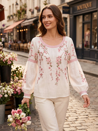 Haut décontracté pour femme, style vintage, en coton et lin, avec broderie florale et patchwork imprimé