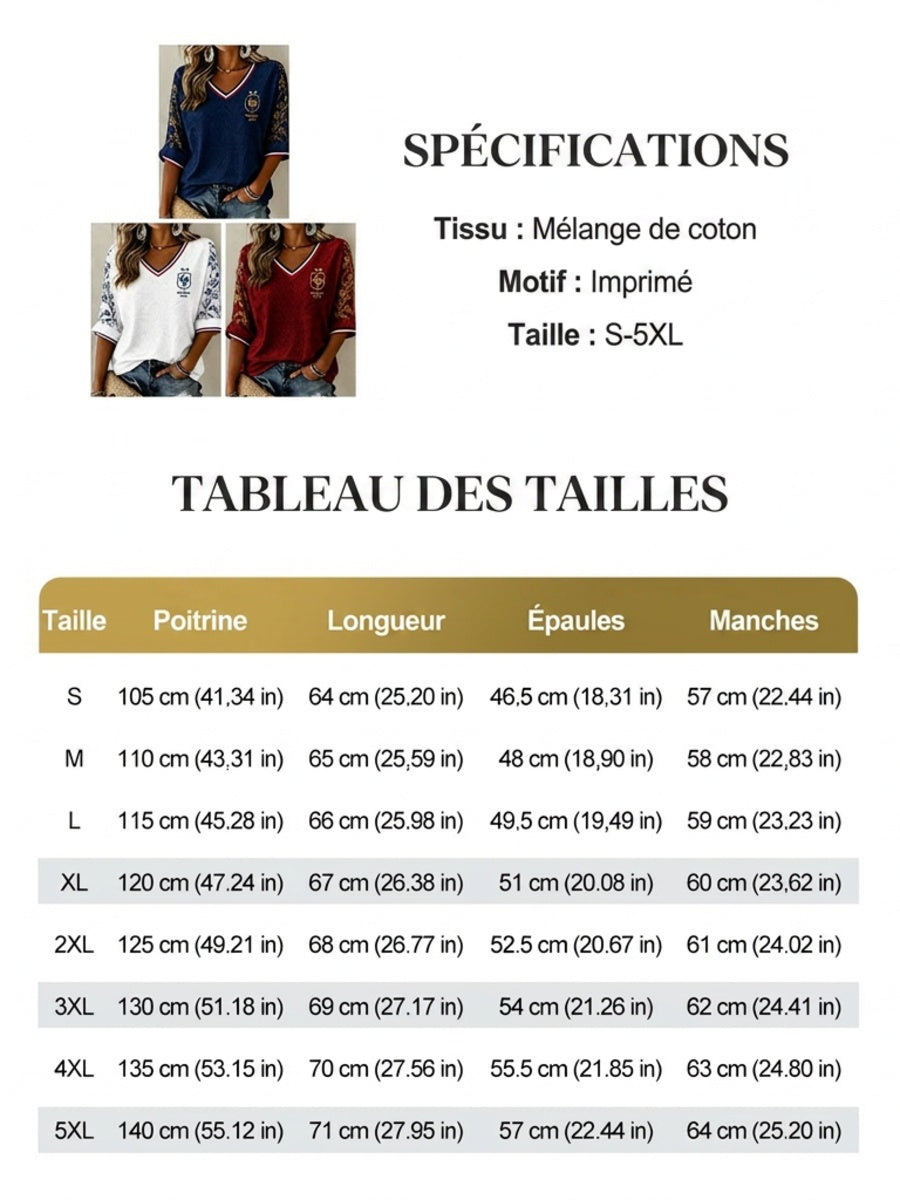 Chemise en lin à col V pour femme, motif France Football