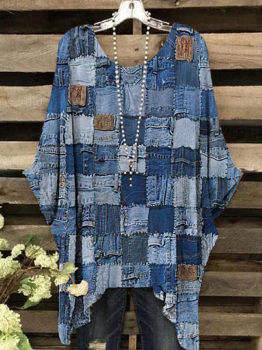 Femmes Vintage Denim Couleur Patchwork Motif Col Rond Top