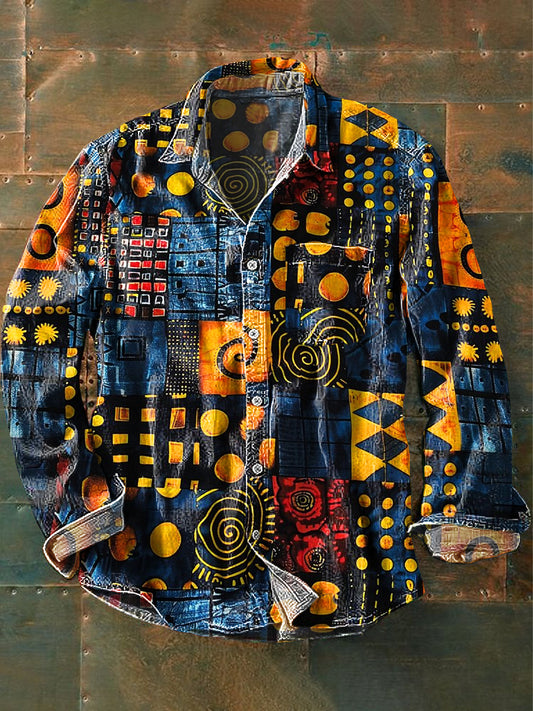 Vintage coloré irrégulière géométrique Art Print revers manches longues Pocket Shirt hommes