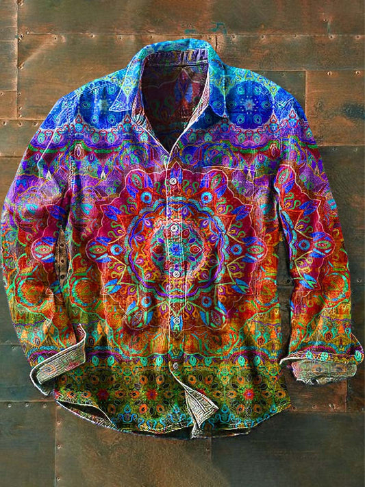 Chemise à manches longues à revers décontractée à imprimé mandala vintage pour hommes