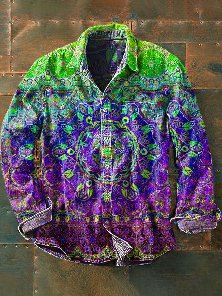 Chemise à manches longues à revers décontractée à imprimé mandala vintage pour hommes