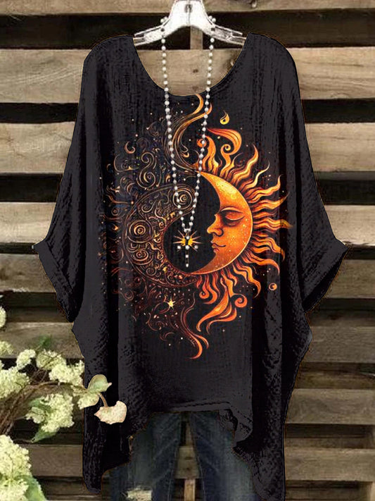 Femmes Vintage Abstrait Soleil et Lune Motif ras du cou Top