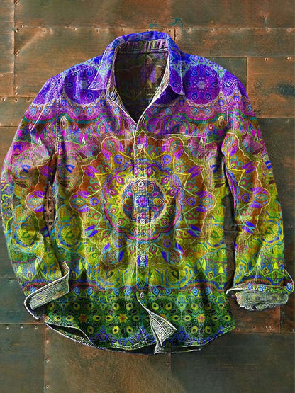 Chemise à manches longues à revers décontractée à imprimé mandala vintage pour hommes