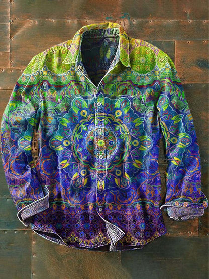 Chemise à manches longues à revers décontractée à imprimé mandala vintage pour hommes