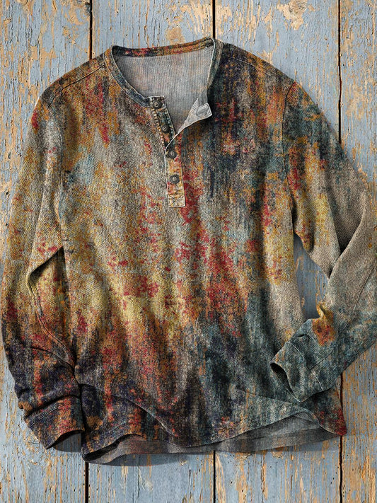 Unisexe Simple Rétro Western Coloré Impression D'art À Manches Longues Mode Henley Chemise