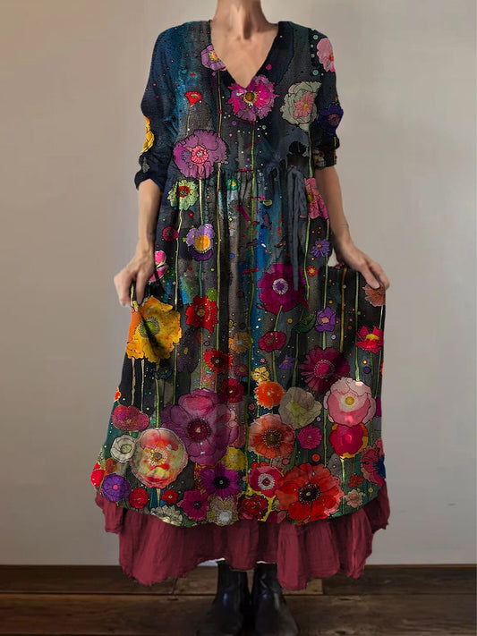 Retro Boho Floral Botanique Imprimer Vintage V-cou Double ourlet coton manches longues robe Midi