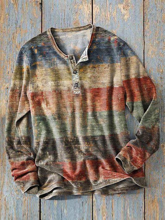 Vintage Western Color Stripe Art Print manches longues Henley Shirt des hommes