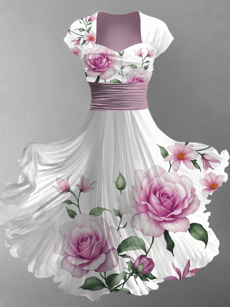 Rétro Floral Art Imprimé Vintage Col en V Taille Plissée Manches Courtes Midi Robe A / S