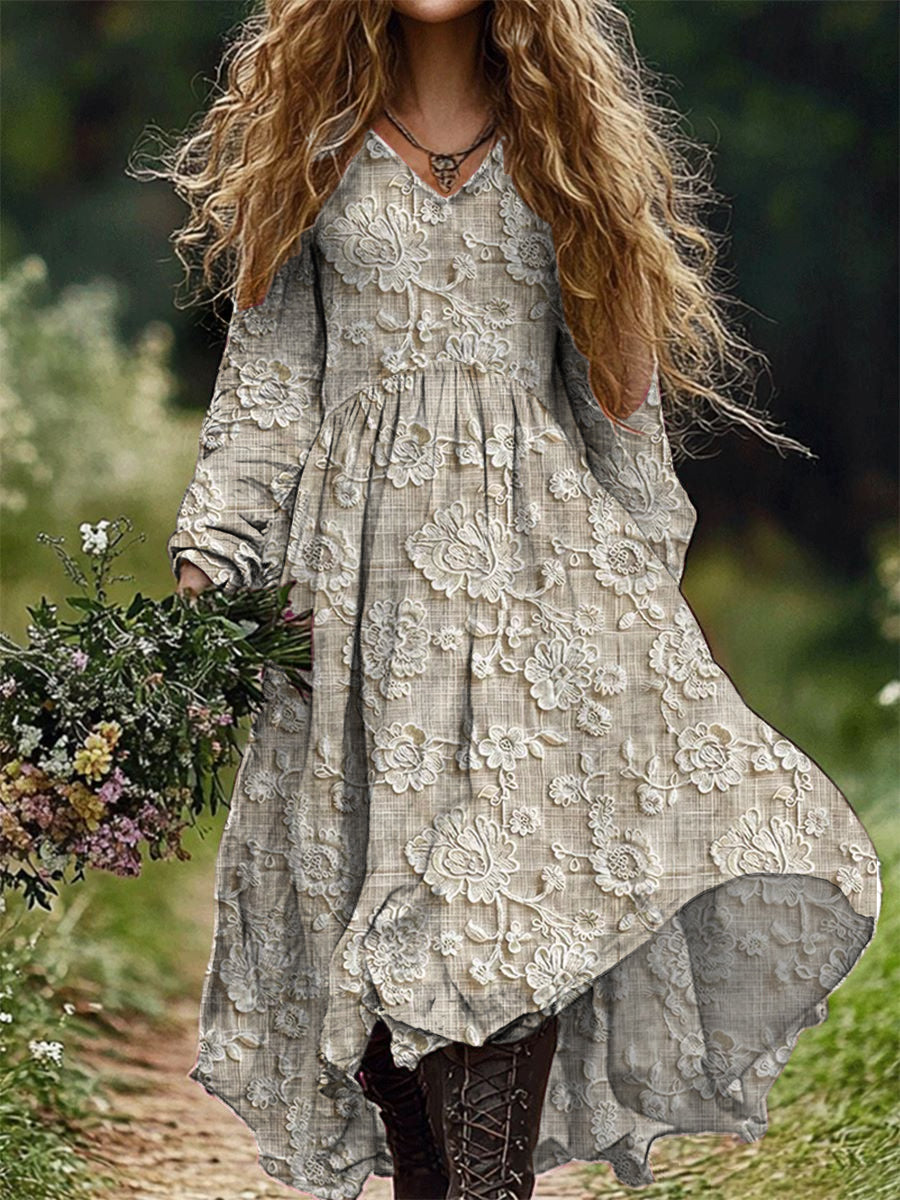 Rétro Floral Art Imprimer V-cou élégant Chic lâche robe midi à manches longues