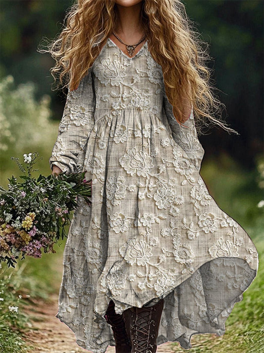 Rétro Floral Art Imprimer V-cou élégant Chic lâche robe midi à manches longues