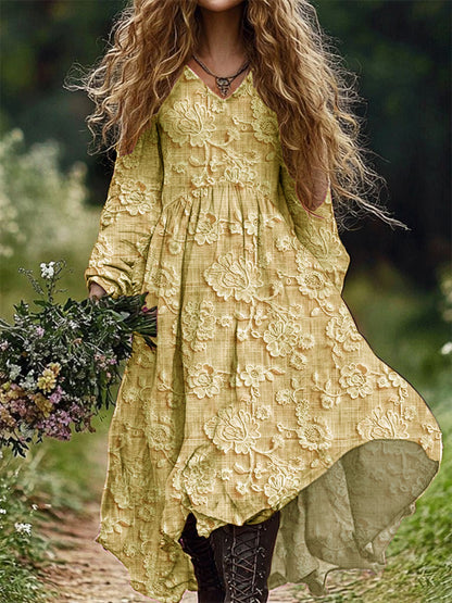Rétro Floral Art Imprimer V-cou élégant Chic lâche robe midi à manches longues