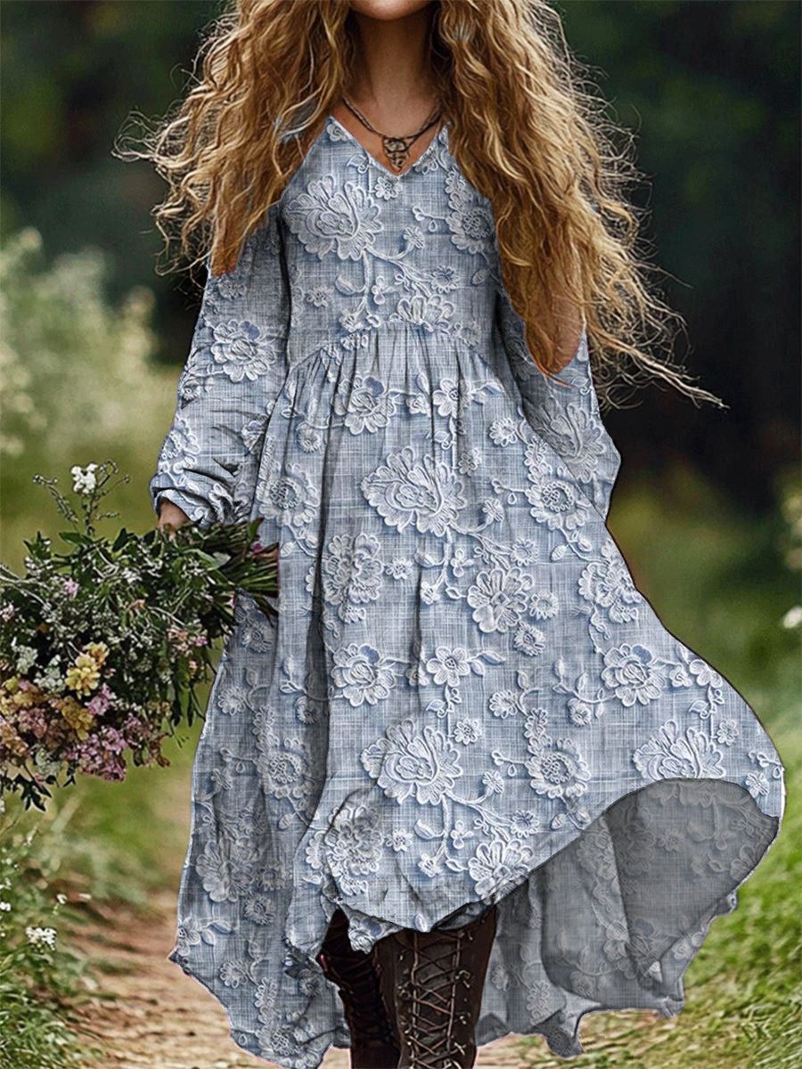 Rétro Floral Art Imprimer V-cou élégant Chic lâche robe midi à manches longues
