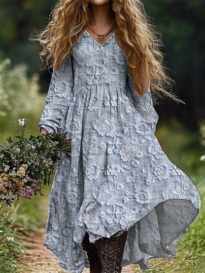 Rétro Floral Art Imprimer V-cou élégant Chic lâche robe midi à manches longues