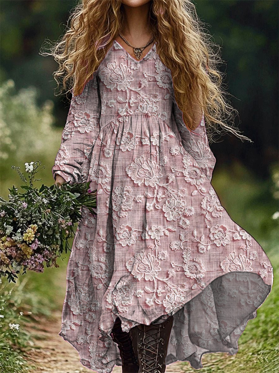 Rétro Floral Art Imprimer V-cou élégant Chic lâche robe midi à manches longues