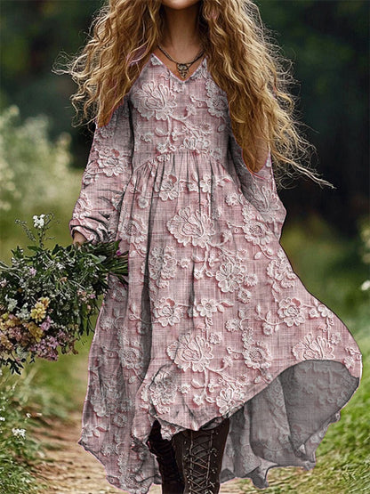 Rétro Floral Art Imprimer V-cou élégant Chic lâche robe midi à manches longues