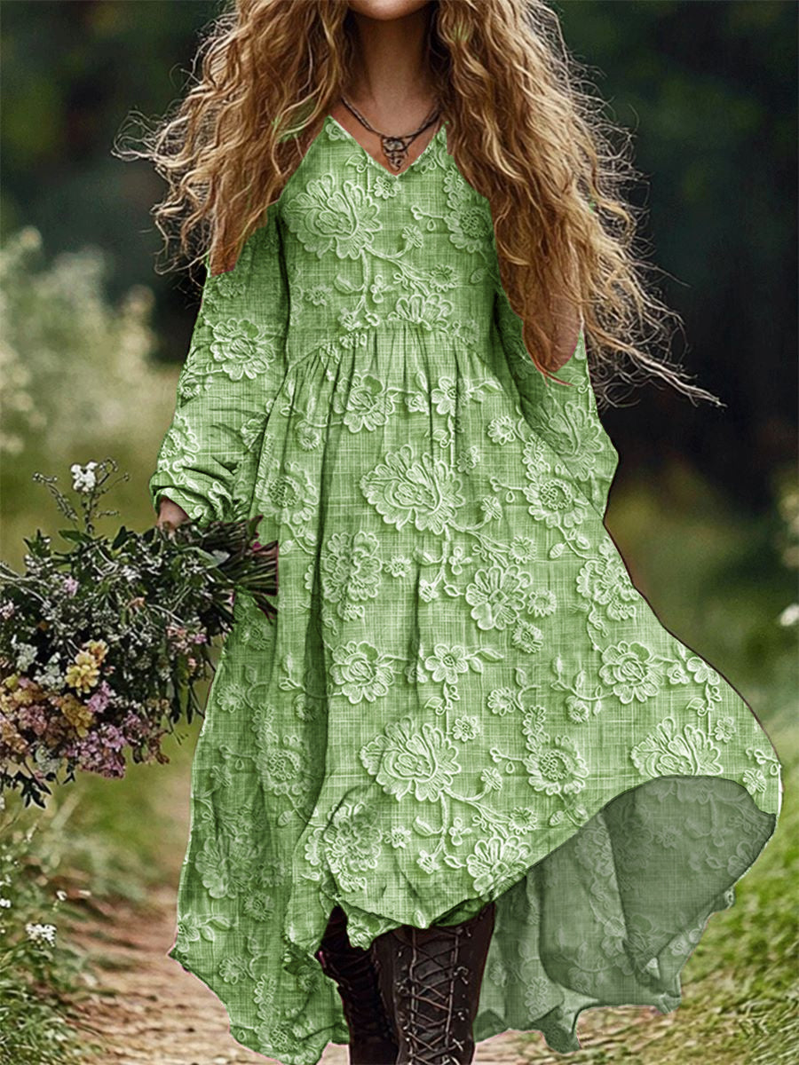 Rétro Floral Art Imprimer V-cou élégant Chic lâche robe midi à manches longues