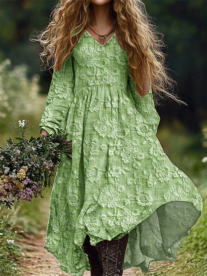 Rétro Floral Art Imprimer V-cou élégant Chic lâche robe midi à manches longues
