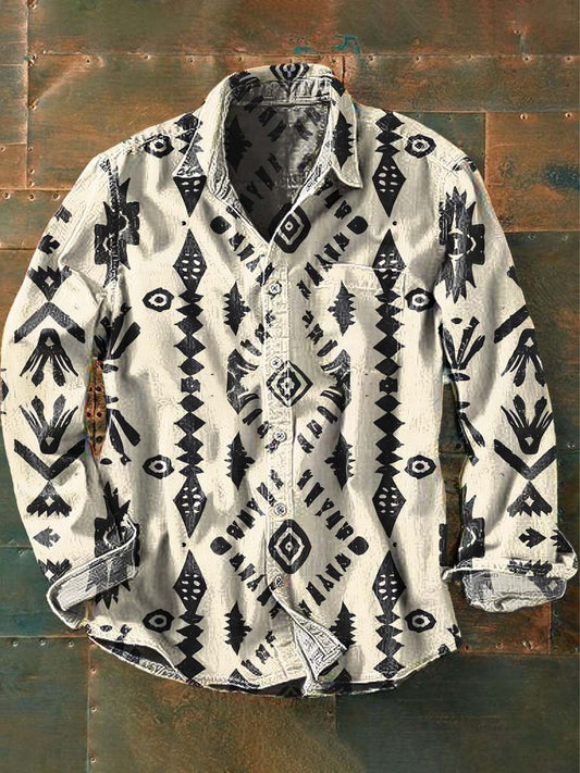Chemise à manches longues décontractée Western Vintage Print pour homme