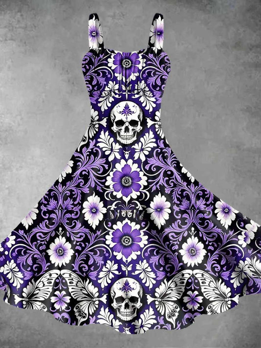 Robe à bretelles à imprimé vintage Halloween Skull pour femmes