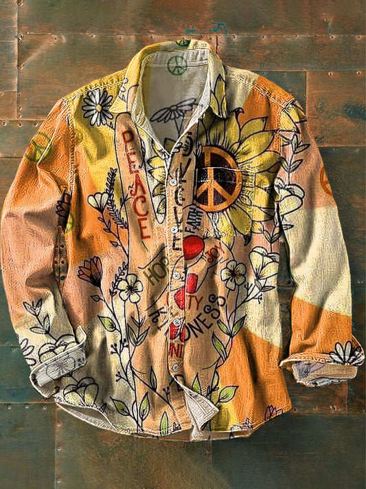 Unisexe Vintage Peace and Love Daisy Art Print Chemise à manches longues en coton à revers