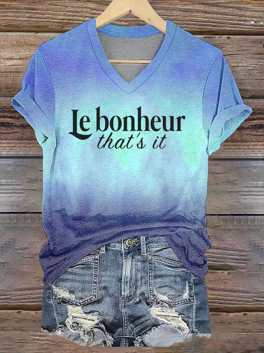 T-shirt à col en V imprimé Le bonheur c'est tout