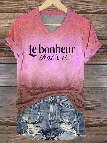 T-shirt à col en V imprimé Le bonheur c'est tout