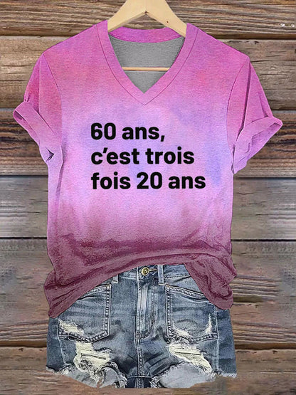 Tee-shirt col V imprimé Trois fois 20 ans noir Femme