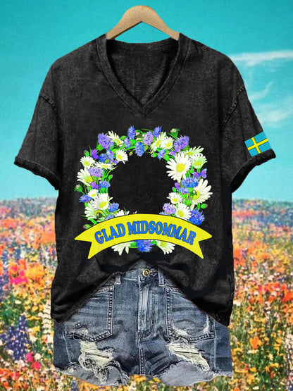 T-shirt à col V imprimé Midsummer Femme