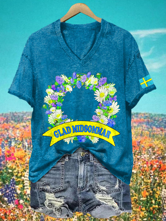 T-shirt à col V imprimé Midsummer Femme