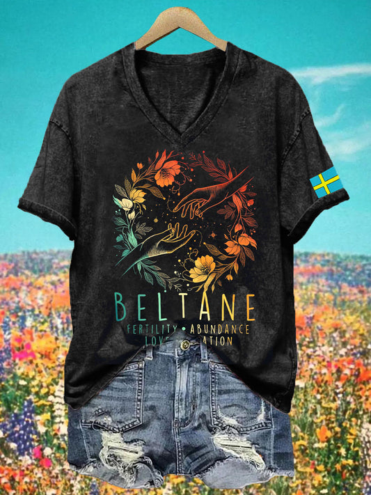 T-shirt col V imprimé beltane femme