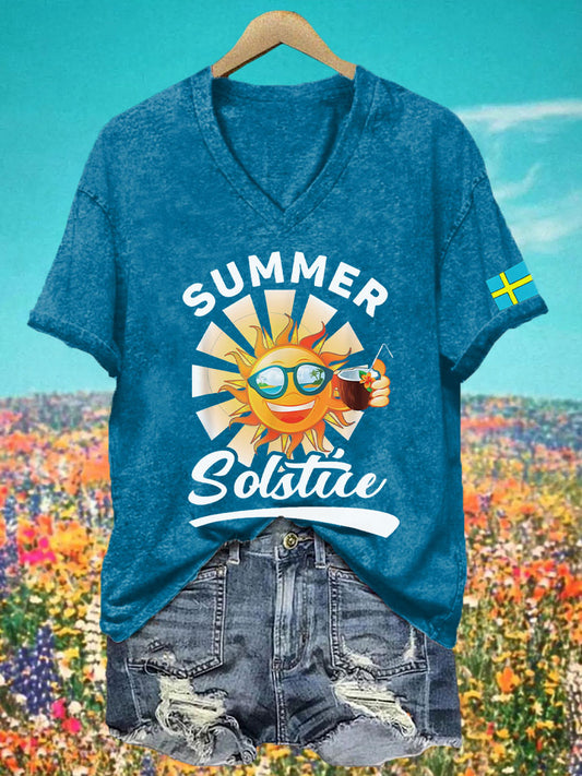 T-shirt à col V solstice d'été pour femme
