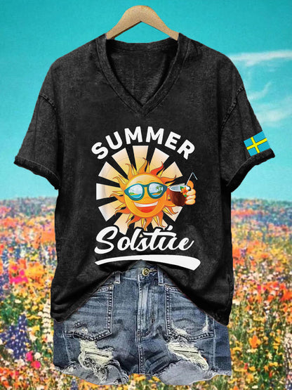 T-shirt à col V solstice d'été pour femme
