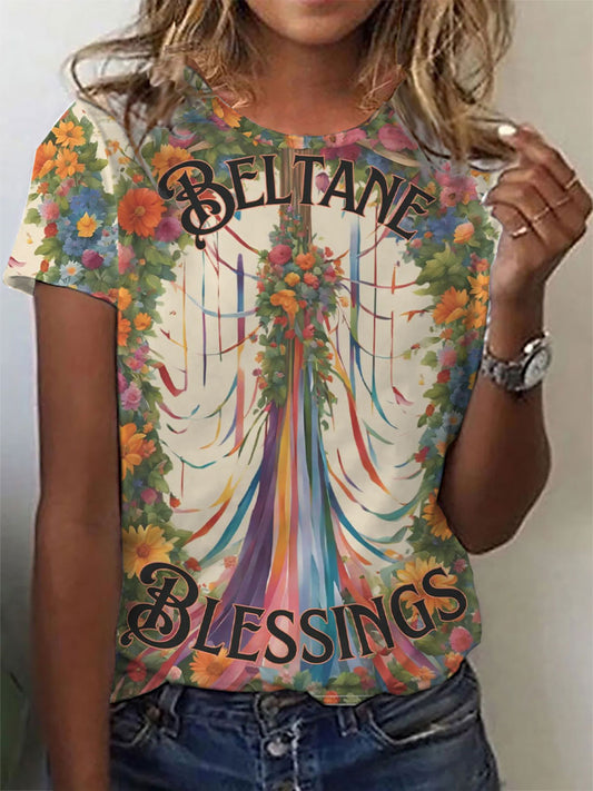 T-shirt à imprimé ruban floral Beltane bénédictions pour femmes