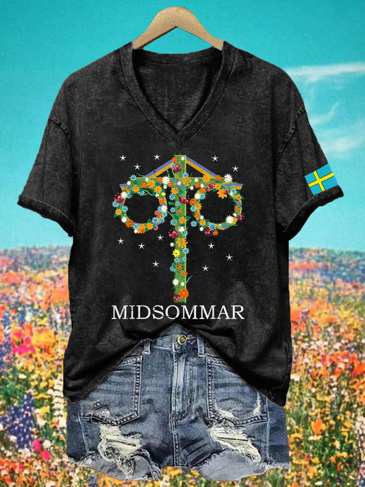 T-shirt à col V imprimé Midsummer Femme